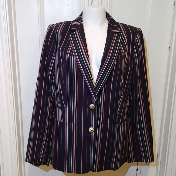 NWT Tommy Hilfiger Navy Blue Pink Cream Pin Striped Classy Blazer - Picture 3 of 13
